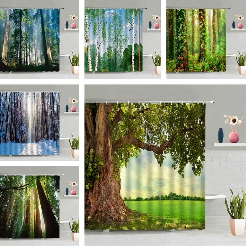 

Modern 3D Printing Tree Shower Curtain Green Plant Forest Grassland Landscape Hanging Curtains Bathroom Decor Waterproof Scenery