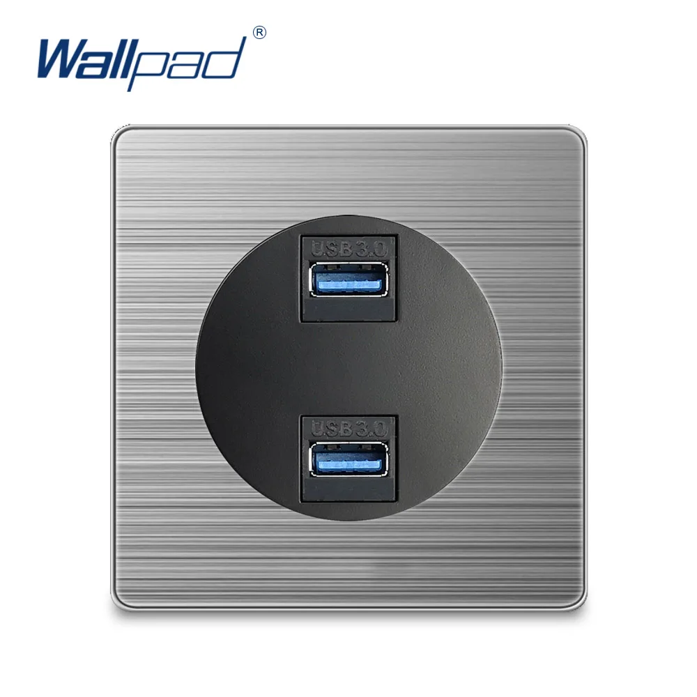 Настенная электрическая розетка Wallpad 2 USB3.0 серебристая панель из нержавеющей