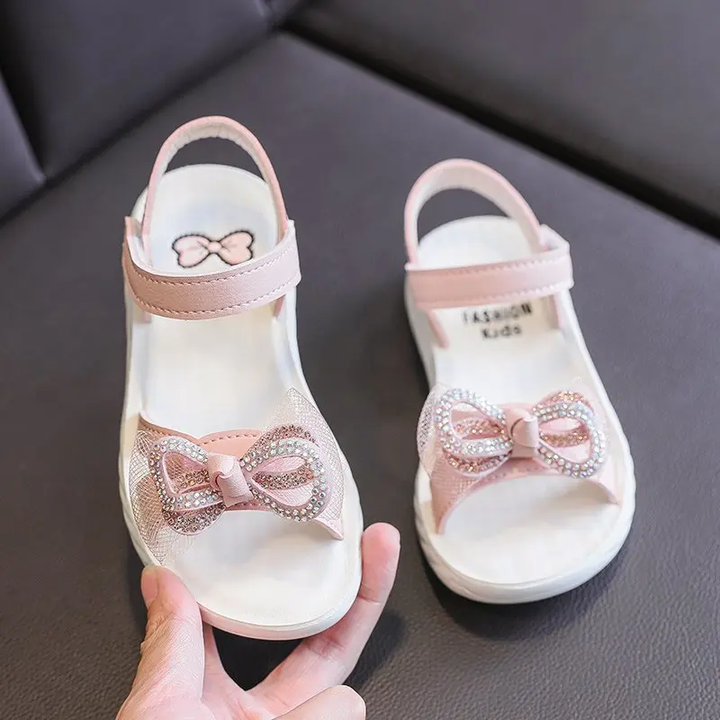 

2021 Kids Shoes for Girl Sandals Children Beach Fashion Rhinestone Bow Sandal Princess School Shoes 3 4 5 6 7 8 9 10 11 12 Years