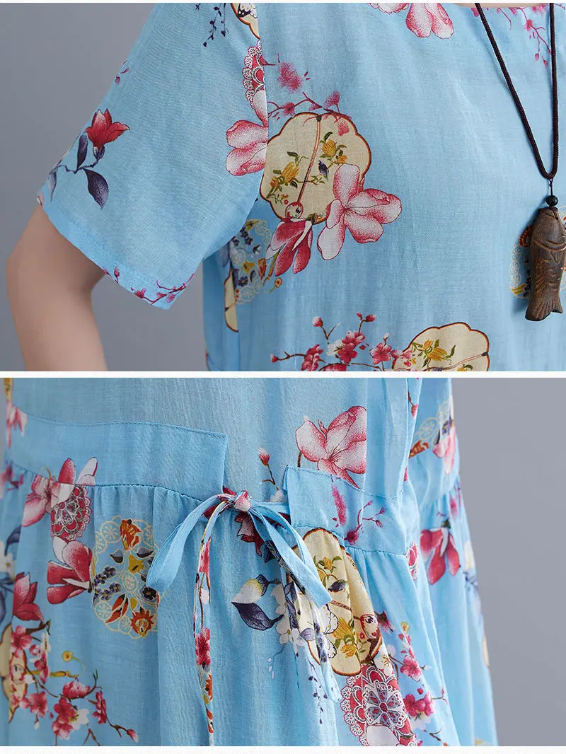 

Summer Women's Dress Floral Print Casual Loose O-neck Cotton Linen Ladies Dress Fashion Elegant Beach Dresses Clothing Plus Size