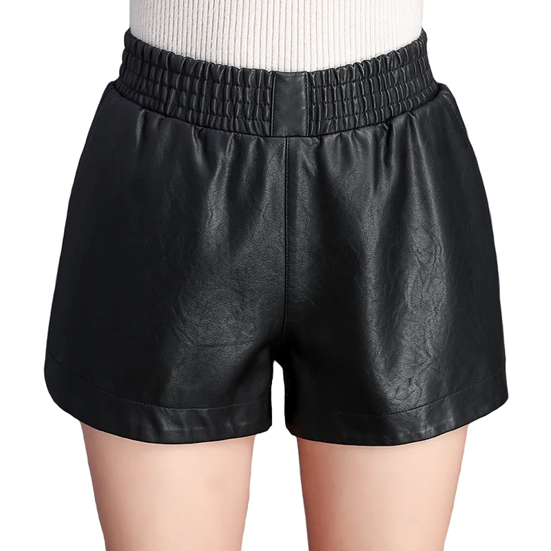 

Шорты женские из искусственной кожи, с эластичным поясом, зимние, черные, оранжевые, с высокой талией, весна-осень 2021