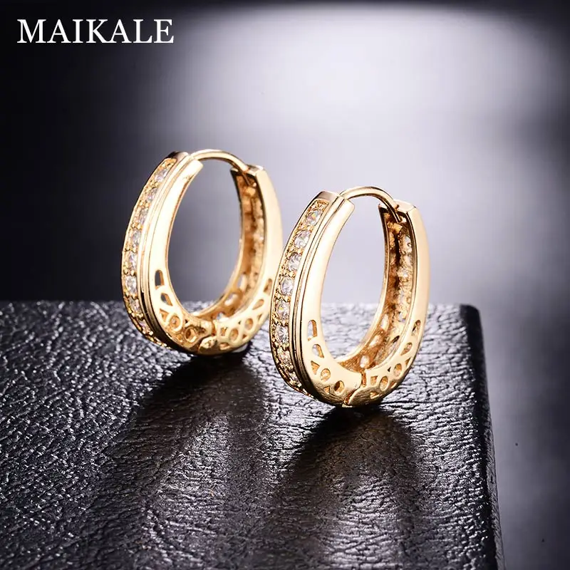 Женские серьги-кольца с фианитом MAIKALE маленькие круглые золотистые полым