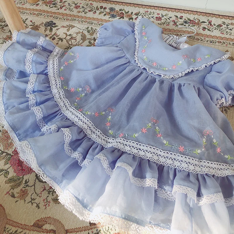 2020 elegant princess dresses for girls vintage lace blue embroidered flower dress girl floral short sleeve summer | Детская одежда и