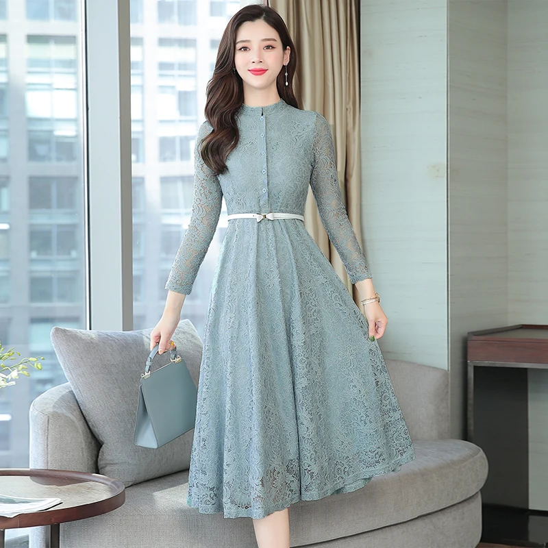 

2021 Lace Dress Spring Long sleeved Casual Slim lace dress Fashion Sexy Hollow Out Dresses Women Vintage Vestidos