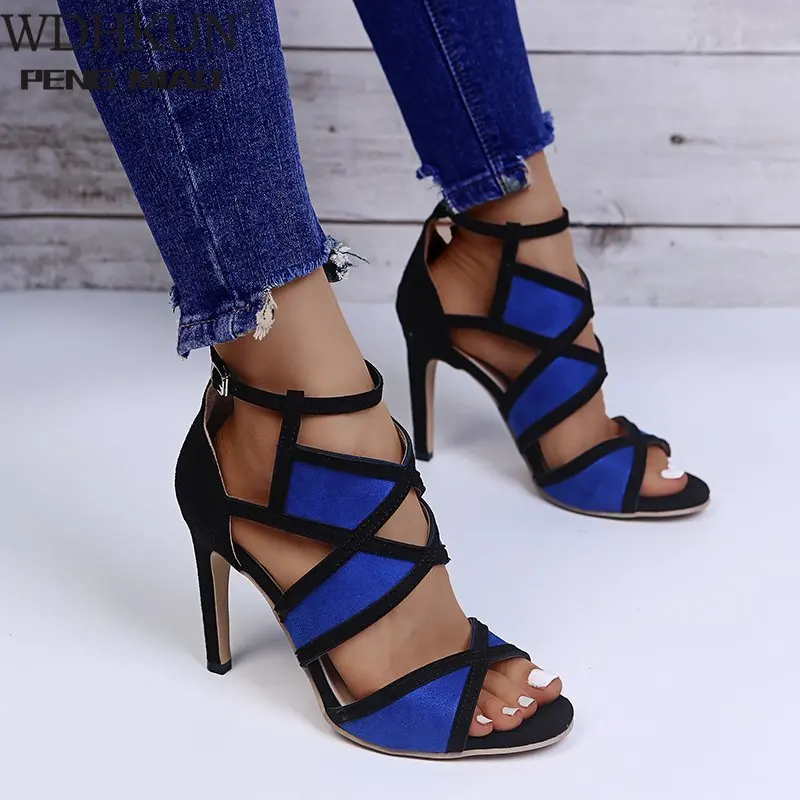 

Brand Design Women Fashion Peep Toe Patchwork Colors Thin Heel Sandals Pink Blue Strap Cross High Heel Sandals Dress Shoes