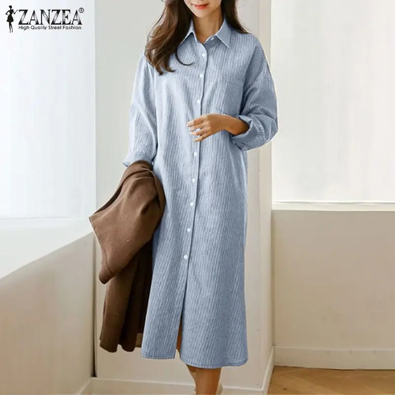 

Винтажное платье-рубашка ZANZEA, женское свободное модное платье, повседневный элегантный сарафан на пуговицах, осень 2022, платья с длинным рук...