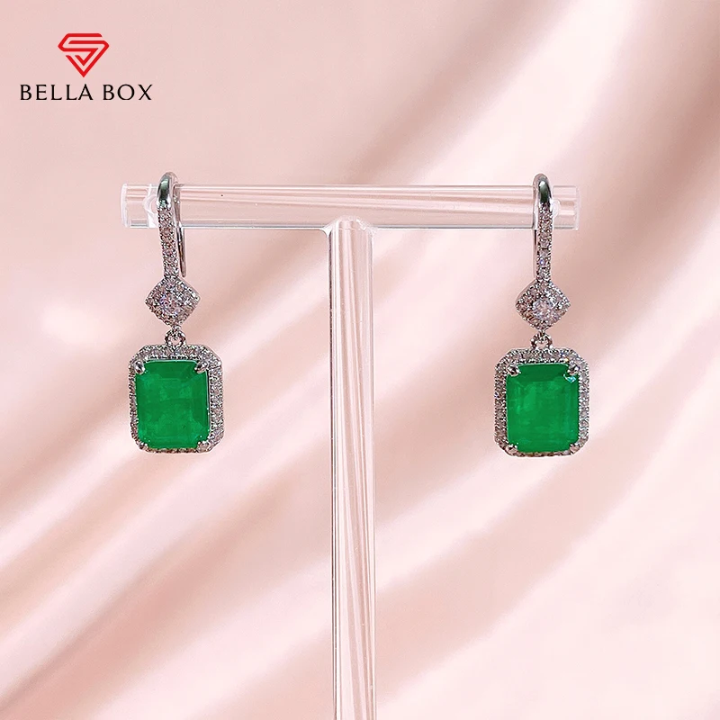 

BELLA BOX Retro Emerald Drop Earrings For Women 925 Sterling Silver Luxury 30*10mm Green Rectangle Anniversary Fine Jewelry