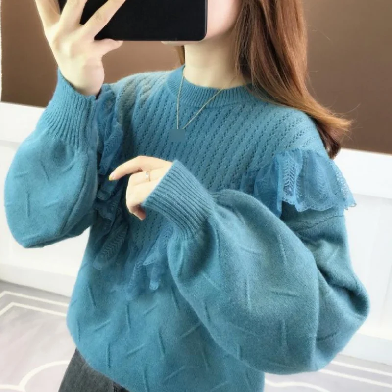 

spring and autumn lazy style sweater women pullover autumn new loose knit bottoming shirt lace long and lantern sleeve