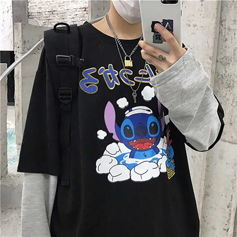 NiceMix Женская Harajuku Винтажная футболка с длинным рукавом Ulzzang лоскутное письмо комический принт свободный Круглый Вырез Эластичный весенний зимний топ F