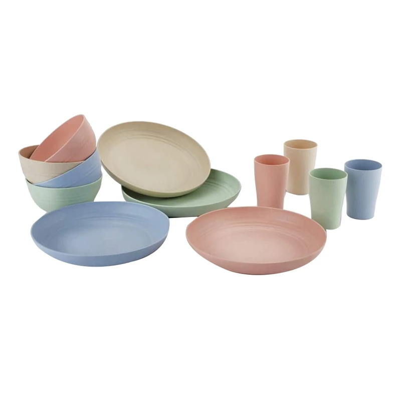 

Тарелки из пшеничной соломы, чаши и стаканы, Обеденный набор, безопасный для детей, для дома, фургон, пикника, кемпинга, 12 штук