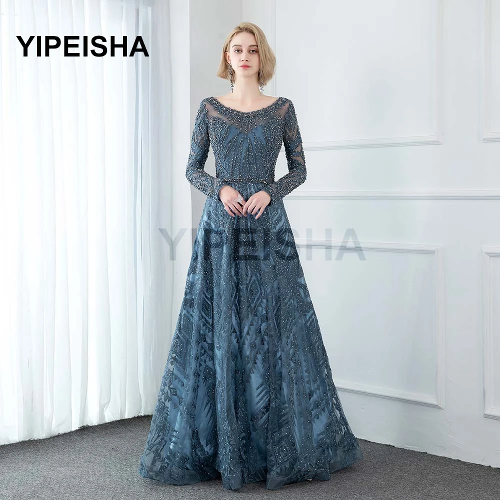 

2021 New Seoop Neck Long Sleeves Evening Dresses Beading A-Line Luxurious Formal Prom Party Gowns robe de soirée de mariage