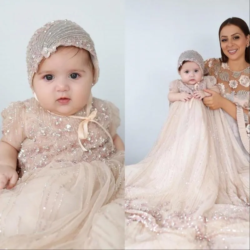 Шикарные блестящие шампанские Детские платья для крещения с бусинами одежда