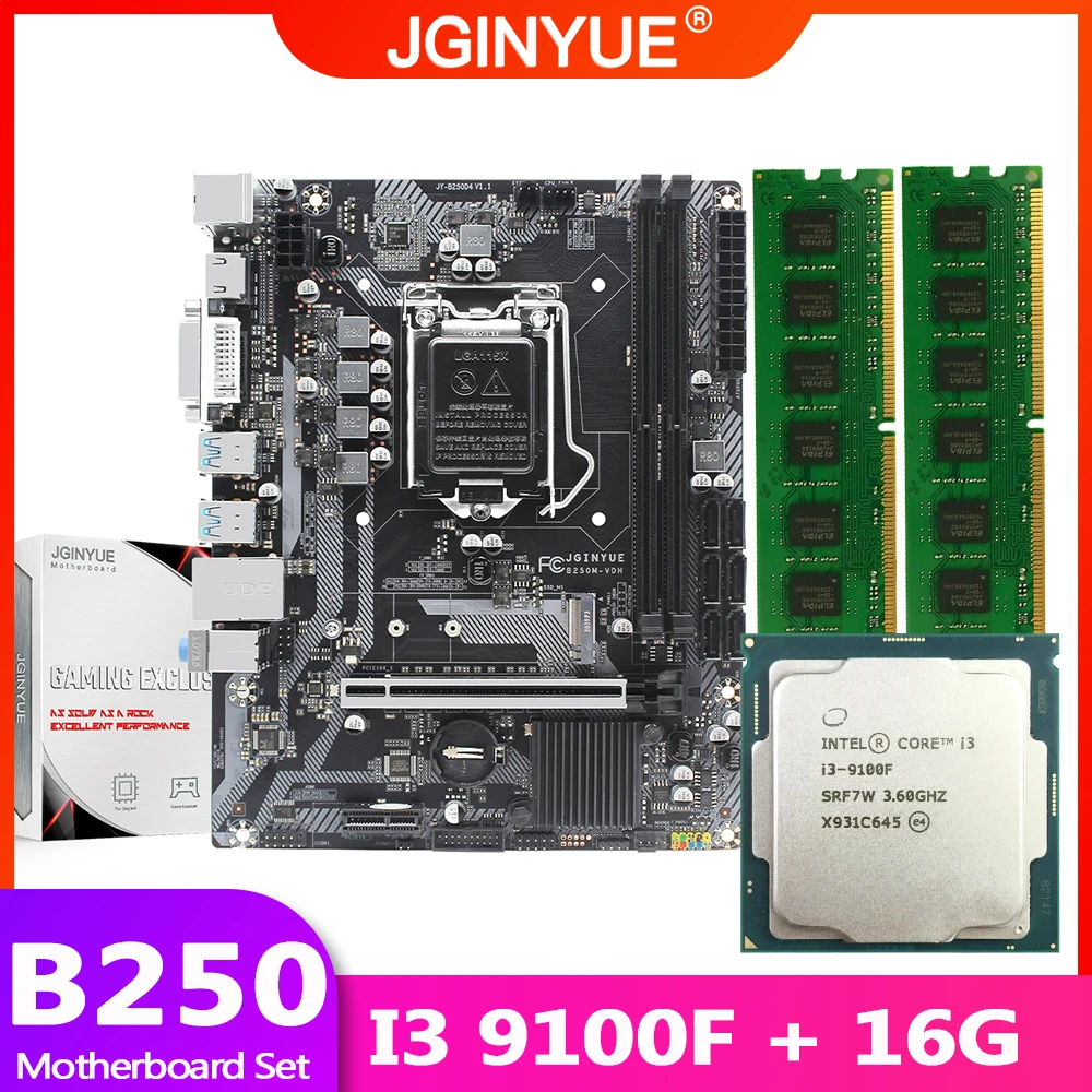 JGINYUE B250 материнская плата LGA 1151 комплект с процессором Intel Core I3 9100F процессор и 16 Гб