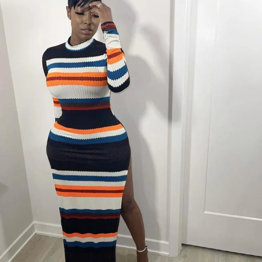 

Элегантные платья для женщин, вечернее платье 2021, модное женское платье с принтом в полоску с разрезами, сексуальное облегающее платье на бе...