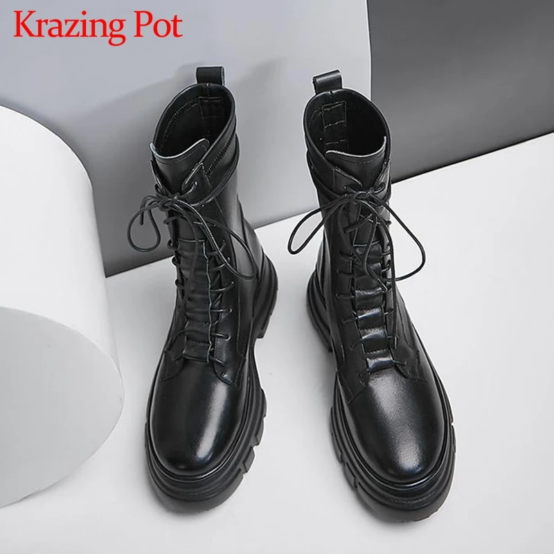 Krazing Pot/из коровьей кожи на толстой подошве, водонепроницаемые, для отдыха обувь на высоком каблуке с круглым носком на шнуровке; зимние сохраняющие тепло женские зимние сапоги до середины икры сапоги L13