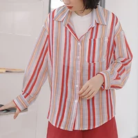 oversized women long sleeve casual shirts pockets korean style striped loose comfortable female blouse cotton street tops autumn