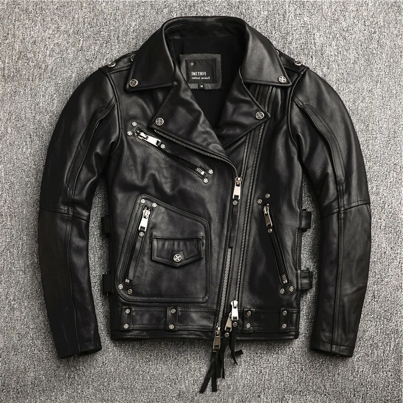 

2020 men's punk rivet motorcycle Diagonal zipper moto biker cow leather coat men slim fit rider jacket male