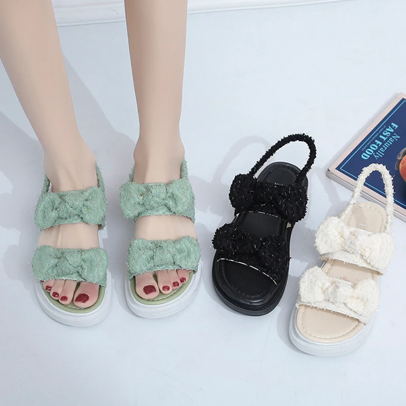 

Comfort Shoes for Women Luxury Sandals 2021 Summer Strappy Heels Suit Female Beige Muffins shoe All-Match Fashion Low Black Buc