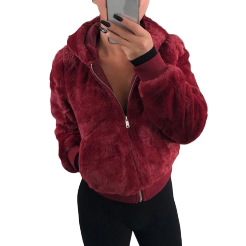 

Women Winter Long Sleeve Zip Up Hooded Cardigan Jacket Fuzzy Plush Velvet Outwear Solid Color Oversized Thicken Warm Coat with P