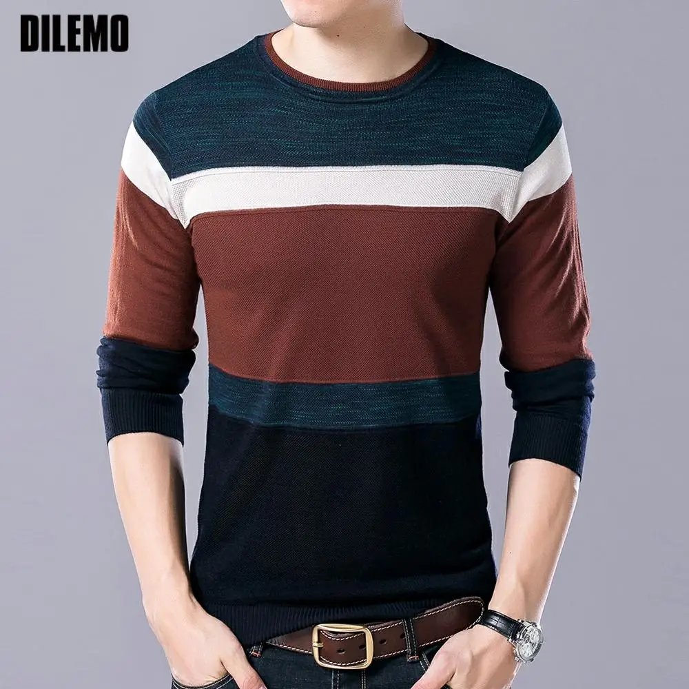 

New Brand Knit Pullover Crew Neck Fashion Sweater Mens Autum Winter Korean Trendy Striped Casual Jumper Top Quality Men Clothing