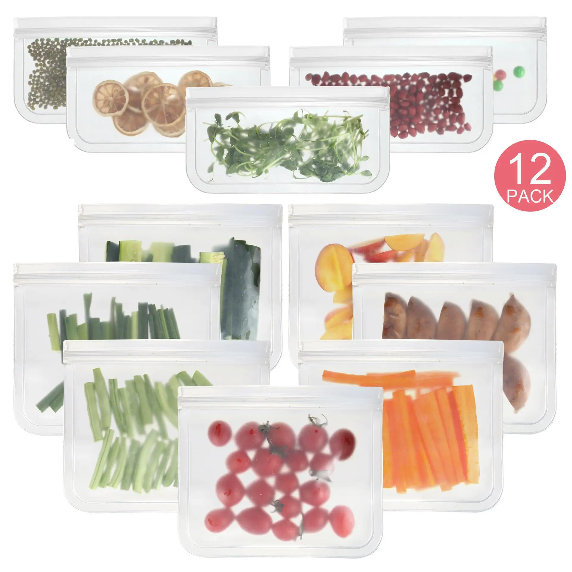 

12Pcs/Set Silicone Food Bag Frosted PEVA Silicone Food Fresh-keeping Bag Reusable Freezer Bag Zipper Leakproof Top Fruits Bag
