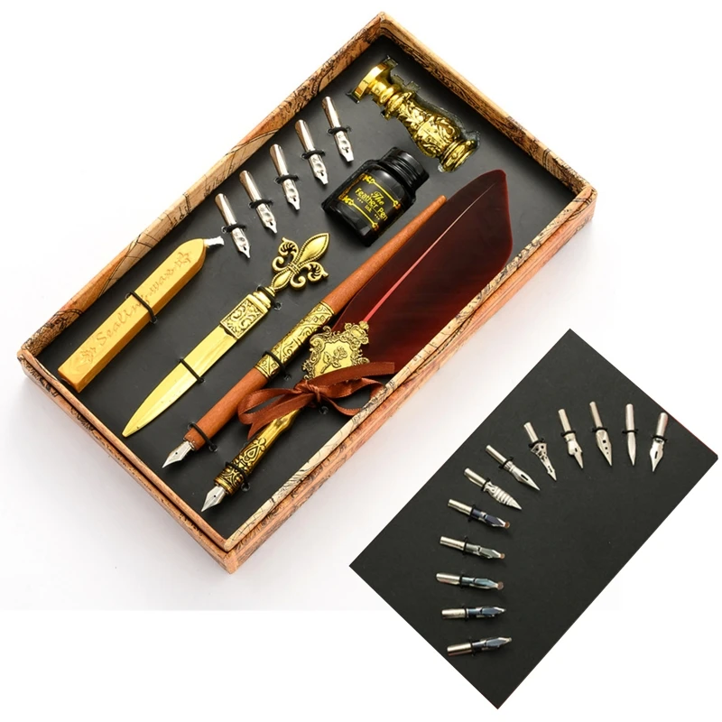 

W3JD Vintage Quill Feather Dip Pen Fountain Writing Ink 5 Nibs Seal Wax Gift Box Calligraphy Stationery School Supplies