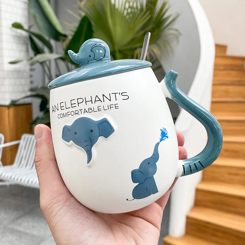

Cartoon Stereo Relief Blue Elephant Ceramic Cup with Lid and Spoon Creative Mug Student Gift Mugs Coffee Cups with Lid