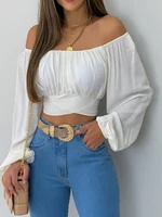 summer women off shoulder crossed tied back crop top 2022 femme casual ruched lantern sleeve blouse y2k lady outfits traf