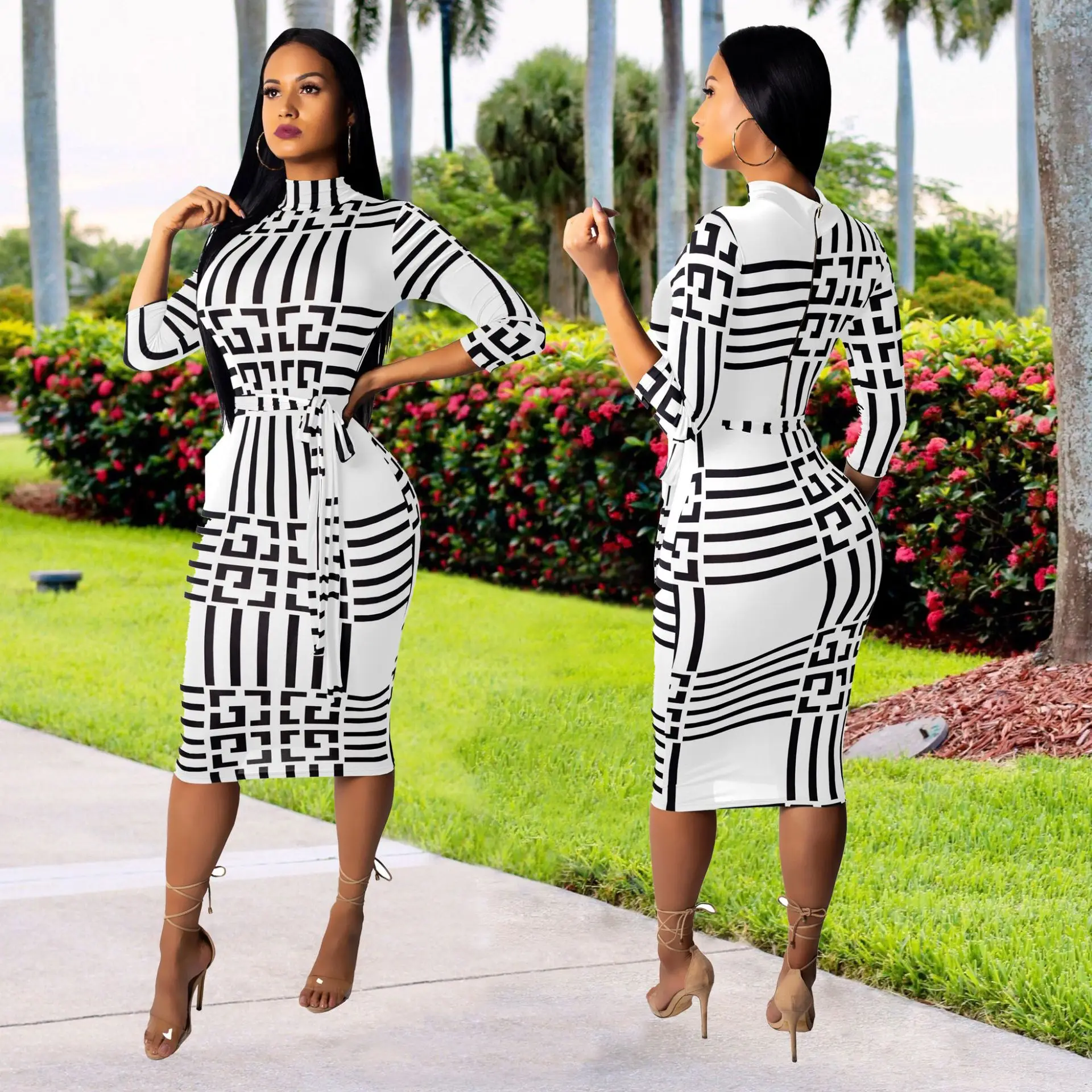 Новое Элегантное женское длинное платье модное с принтом и воротником