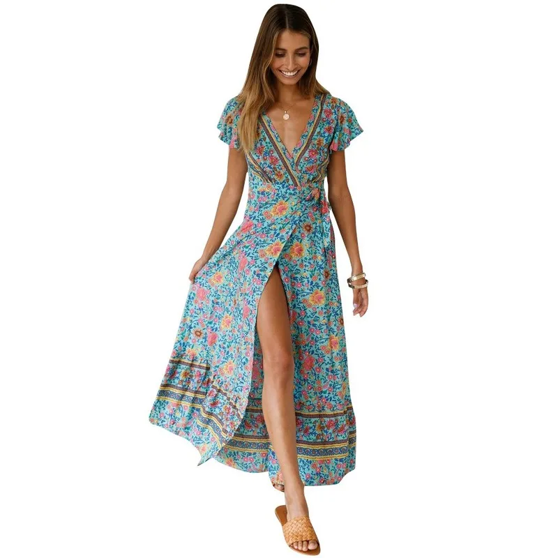 

Mazefeng Summer Beach Maxi Dress Women Floral Print Boho Long Dress Ruffles Wrap Casual V-Neck Sexy Party Dress Robe Femme Split