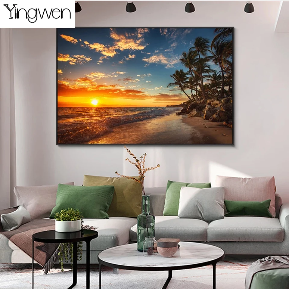

5D Diy Diamond Painting Beach Sunrise Scenery Mosaic Full Diamond Embroidery Cross Stitch Kits Art Home Decorative Painting