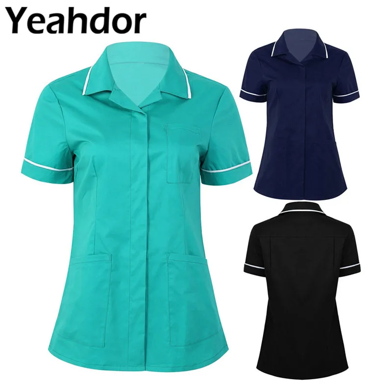 Женская туника с отложным воротником короткими рукавами и пуговицами для