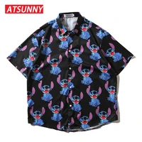 atsunny stitch print short sleeve shirt hiphop streetwear casual shirt man summer fashion hawaiian shirts tops