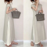 japanese summer solid color simple loose large size two piece suit splicing big swing short sleeved one piece long dress women