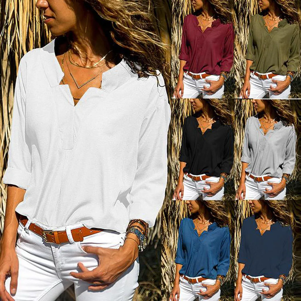 Винтажная женская блузка 2019 Весенняя однотонная с длинным рукавом плюс размер