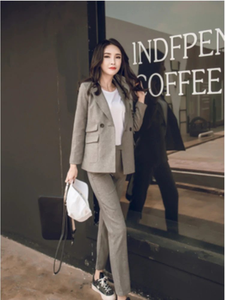 

Office Women's Suit Pants Suit Two-Piece Autumn and Winter Business Double-Breasted Nine-Point Pants Pocket OL Formal Wear