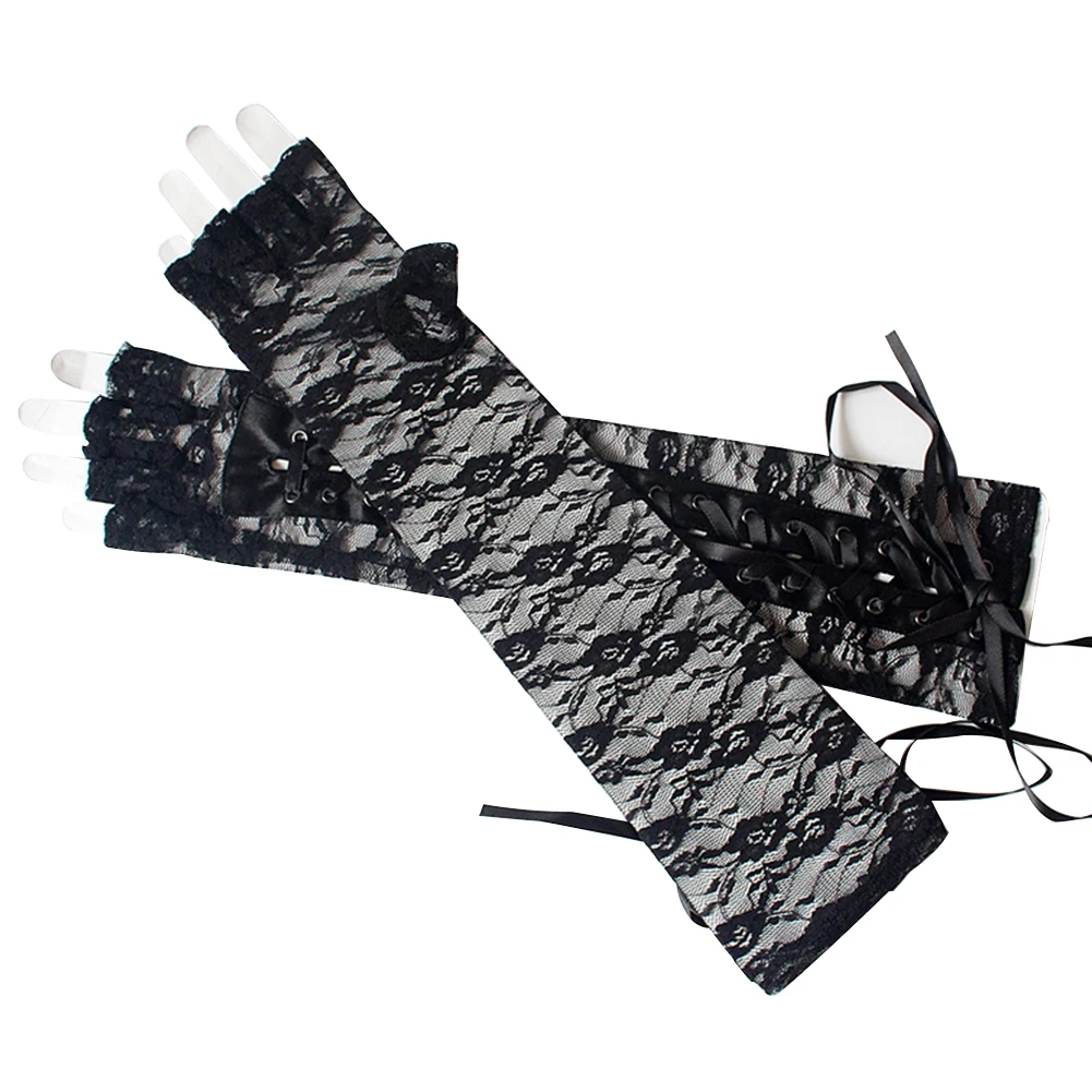 

1pair Women Lace Up Arm Warmer Protection Long Elbow Adjustable Fingerless Gloves High Elasticity Elegant Portable Costume Party