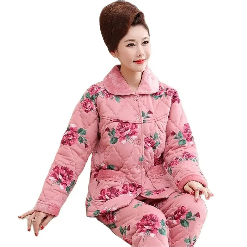 

Middle-aged Elderly Mothers Autumn Winter Pajamas Women Thick Three-layer Quilted Jacket Coral Fleece Warm Old Woman Suit A830