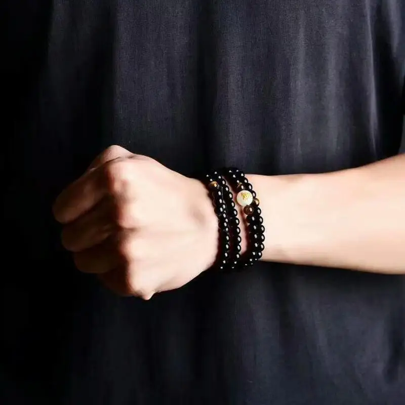 108 черные бусины из натурального сандалового дерева с золотым Драконом браслет 78