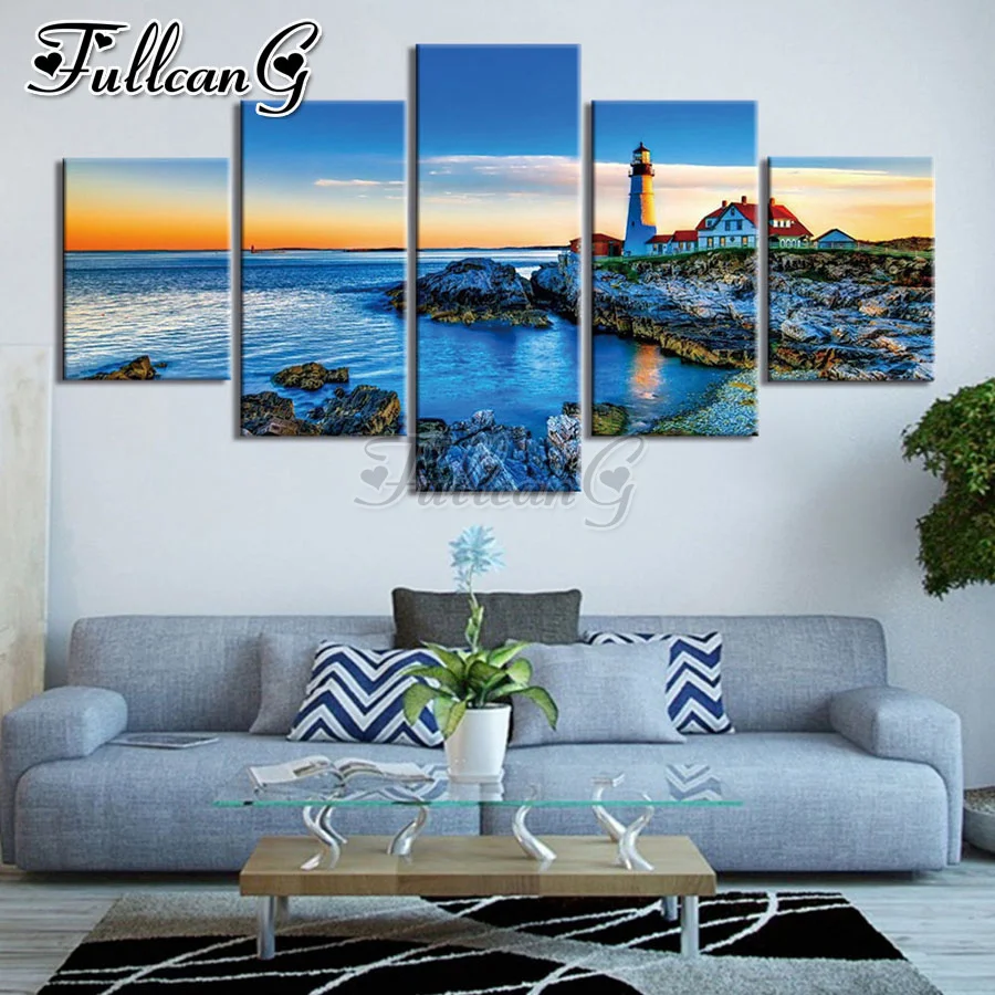 

FULLCANG Seaside lighthouse scenery 5 piece diy diamond painting full square round drill mosaic embroidery sale decor FC3464