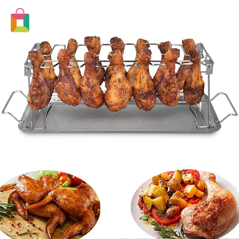 

Portable Grilling Basket Mesh Clip 14 Slot Stainless Steel BBQ Rib Shelf Non-Stick Barbecue Chicken Wing Leg Rack TLSM
