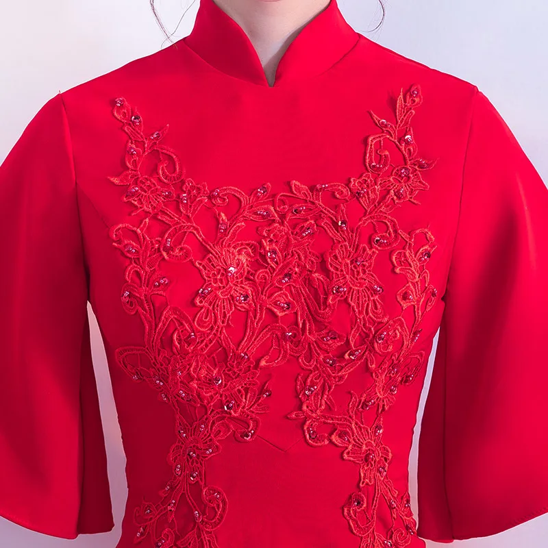 Для женщин красного цвета для невесты Cheongsam вечерние свадебное платье Qipao модный