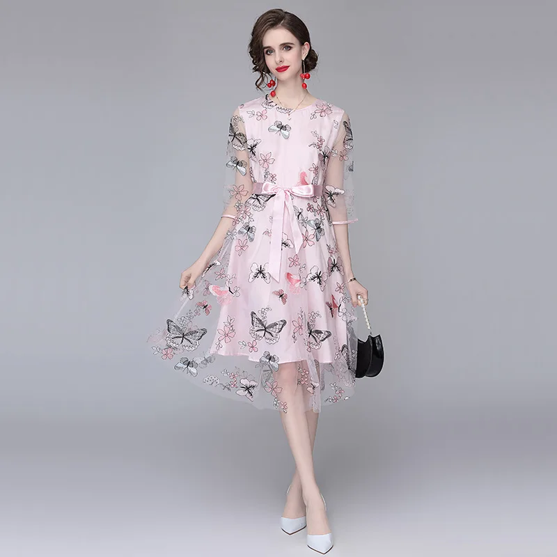 

JSXDHK New Women Mesh Butterfly Embroidery Midi Dress High Quality Summer Pink Half Sleeve Tulle Lace Up Bow Ladies Party Dress