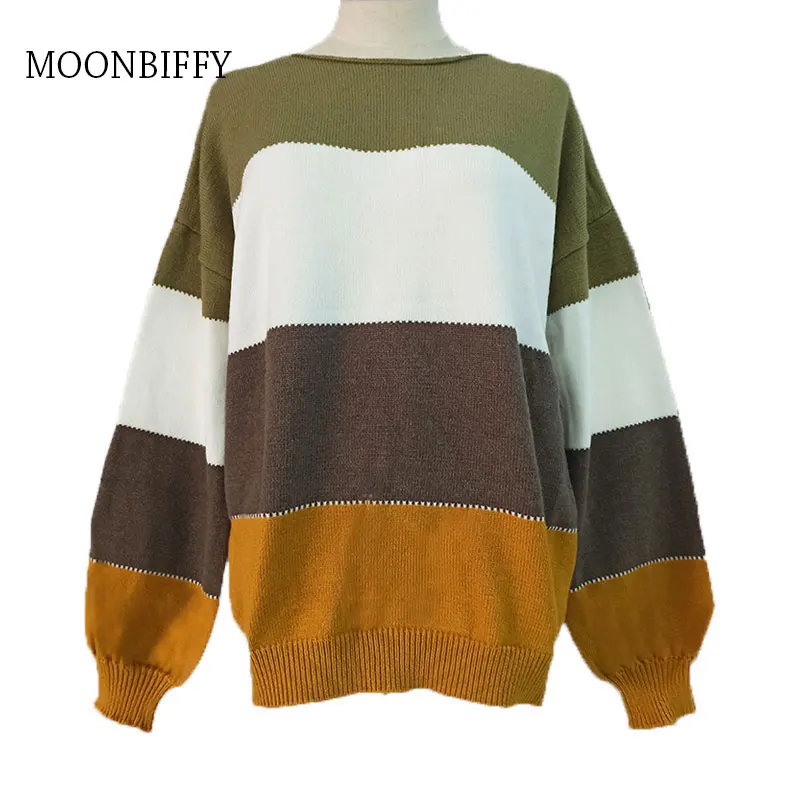 

Autumn Winter Long-sleeved Striped Sweater Casual Round Neck Knitted Pullover Tops Women Button Harajuku Hooded Sweater