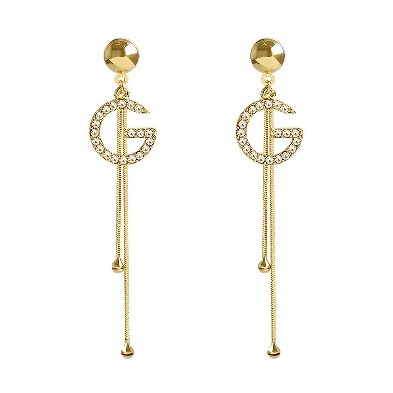 

Luxury Letter G Link Chain Dangle Earrings Imitation Pearl Crystal Alphabet Brand Ear Studs Bar Long Thread Earring for Women