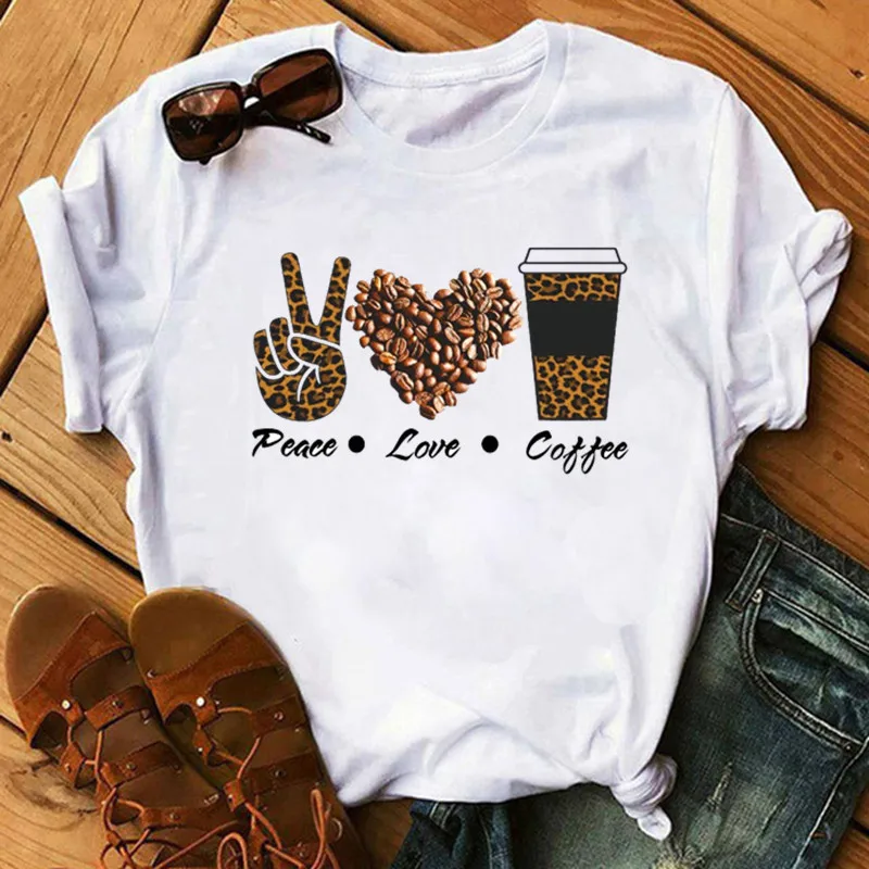

Leopard Peace Love Coffee Top Female T Shirt Summer Women T-shirt Streetwear Harjauku Casual O-neck T-shirt Lady Clothing