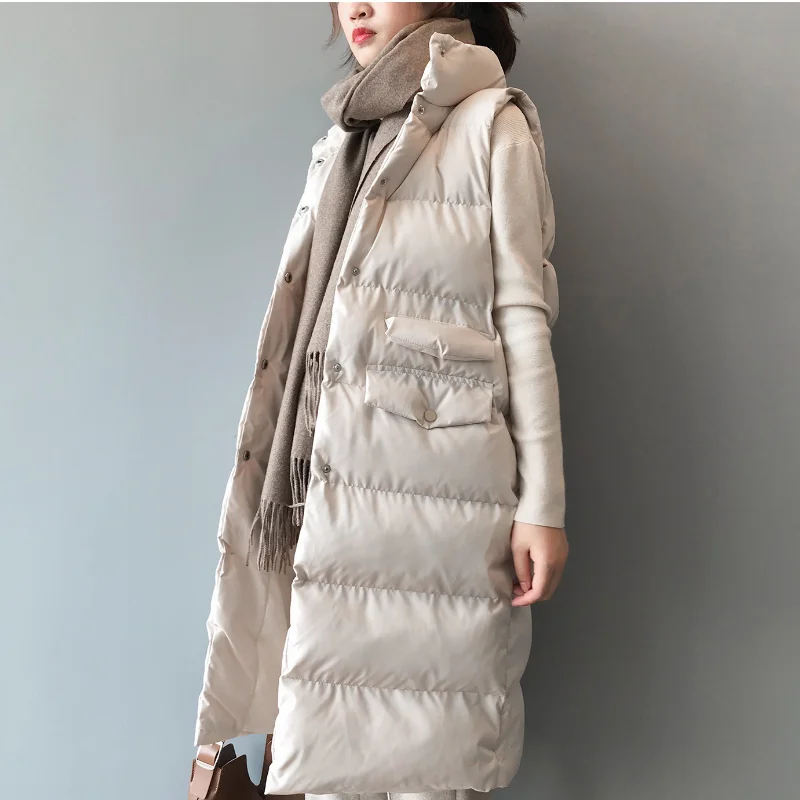 

Autumn Winter New Women's Warm Bread Cotton Thicken Vest Jacket Fashion Packet Stand Collar Female Long Coat Casual Loose