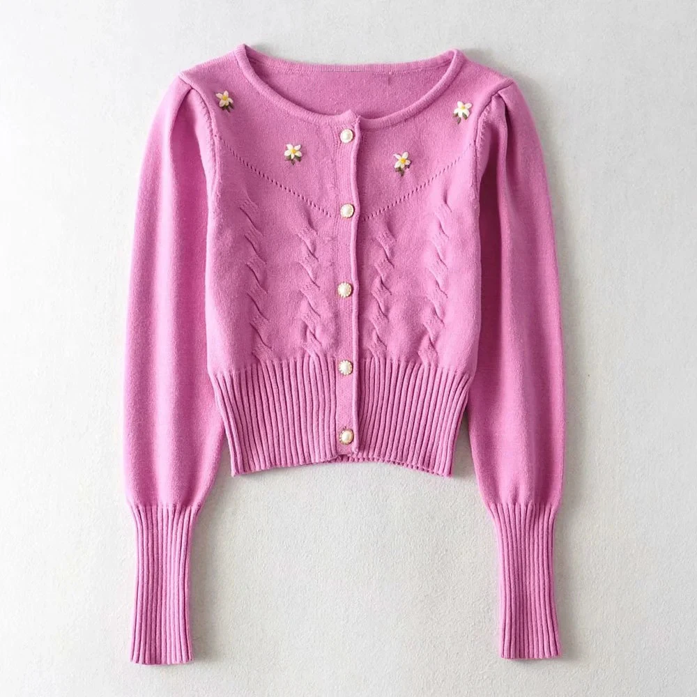 

2020 Autumn O-Neck Knitted Sweater Vintage Long Sleeve Embroidey Slim Print Cardigan Sweater Casual Loose Chic Tops