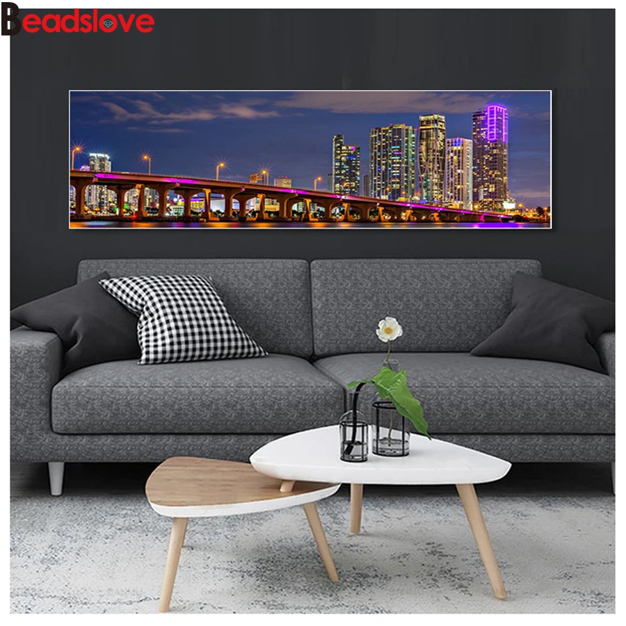 

Большая квадратная круглая Алмазная вышивка "сделай сам", картина из страз, ночной город, мосты, небоскребы, пейзаж, вышивка крестиком