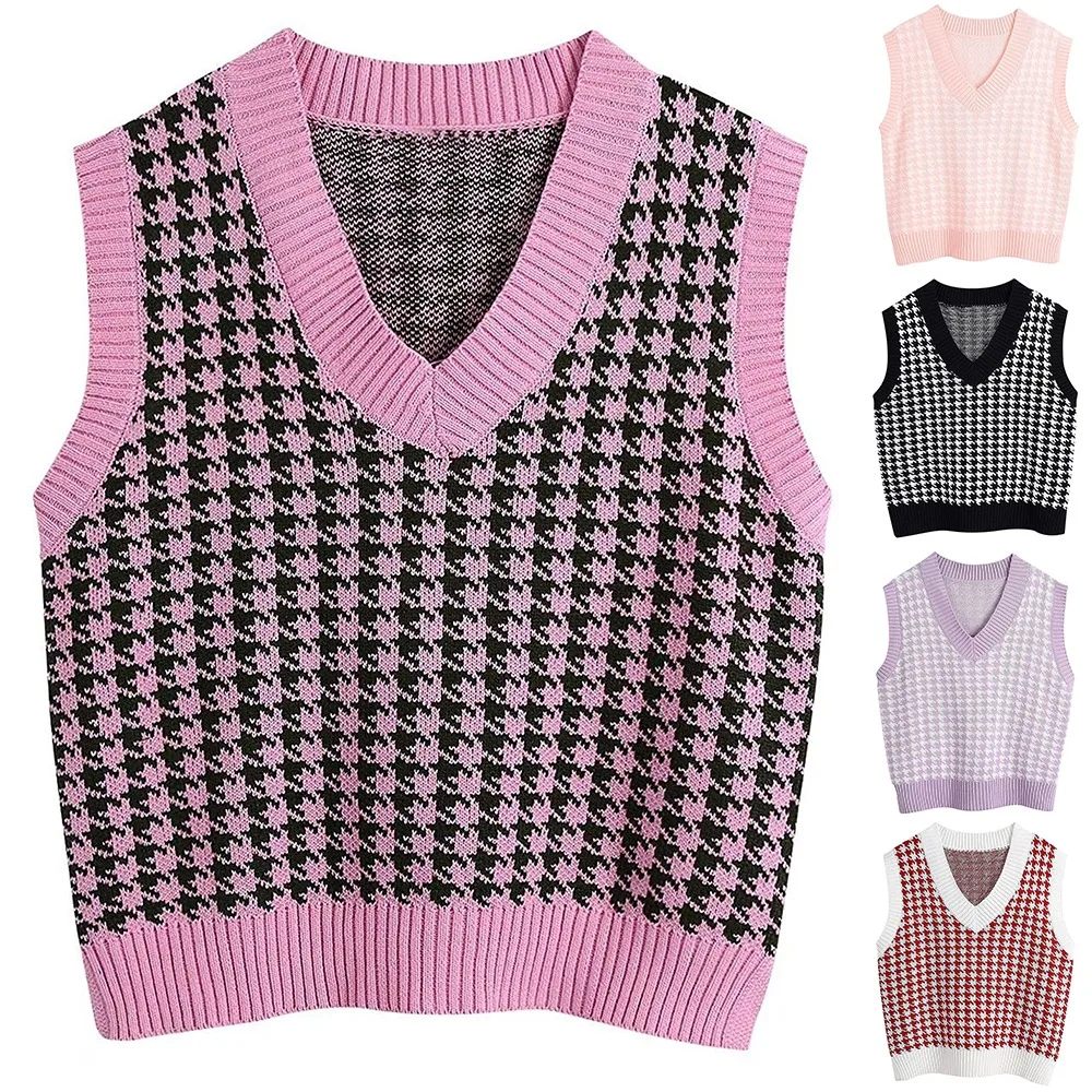 Жилет с рисунком гусиной лапки Женский вязаный жилет Осенний Свободный